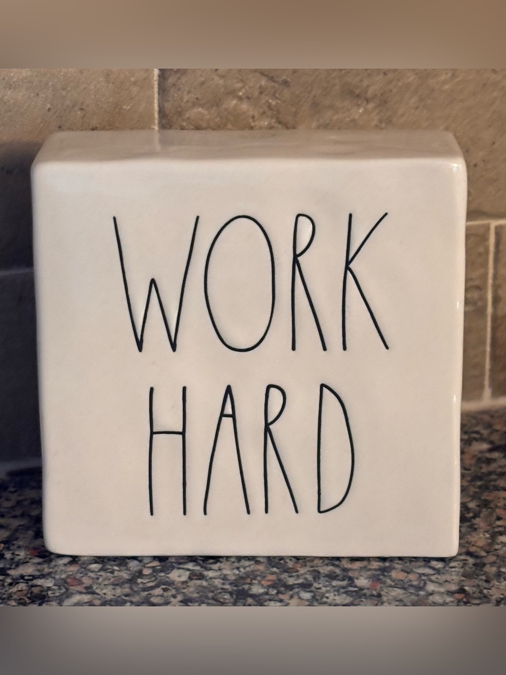 Rae Dunn White Ceramic Plaque with Black 'WORK HARD' Lettering